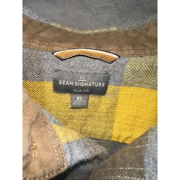 L.L. Bean Signature Flannel Shirt Mens XL Slim Fit Plaid Button Up Yellow Gray - Picture 3 of 6